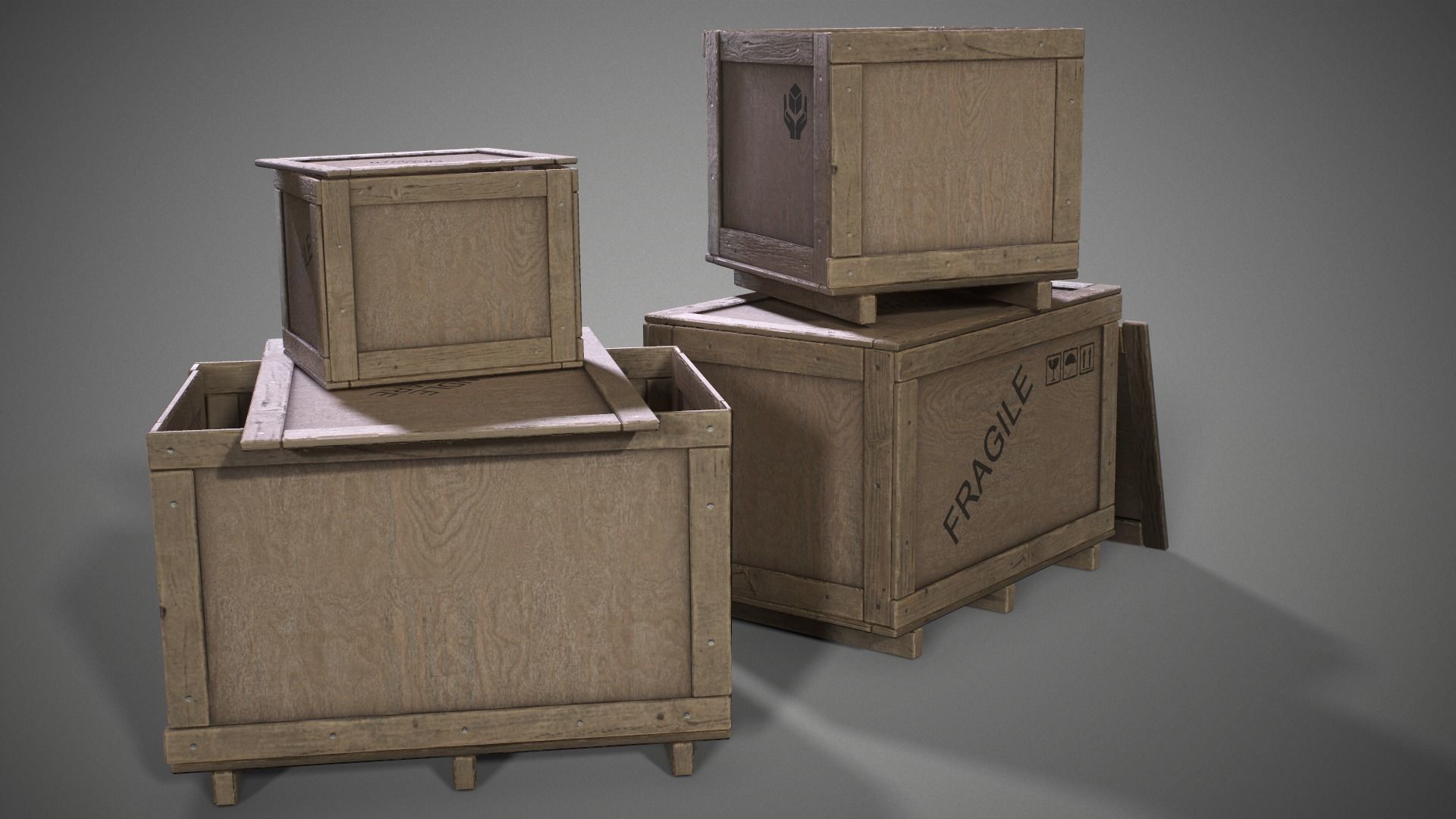 Plywood crates with cover lids - 3D VR  AR  game ready  Low-poly 3D model_16