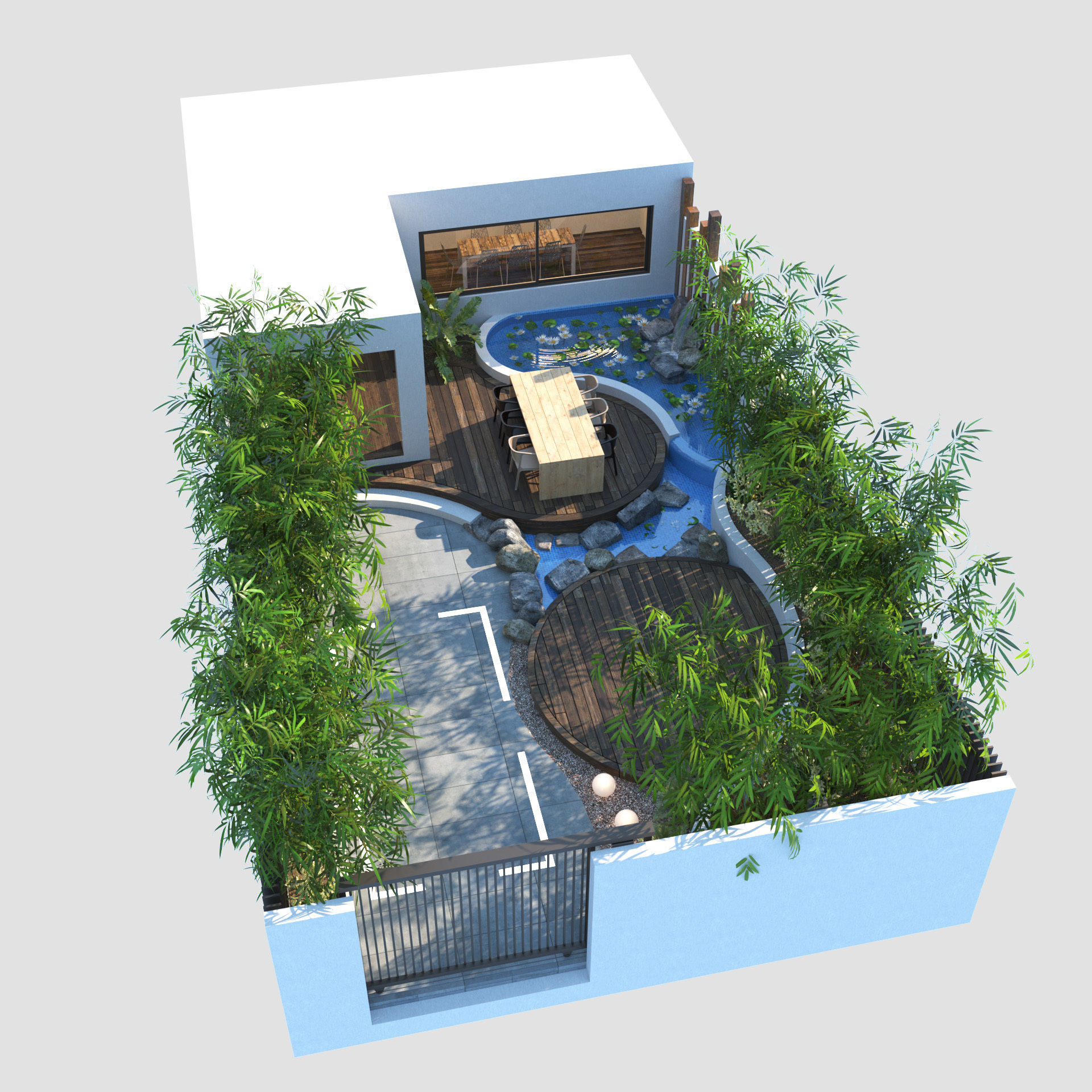 House Front garden with pool and parking area Low-poly 3D model_8