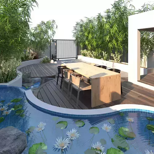 House Front garden with pool and parking area Low-poly 3D model