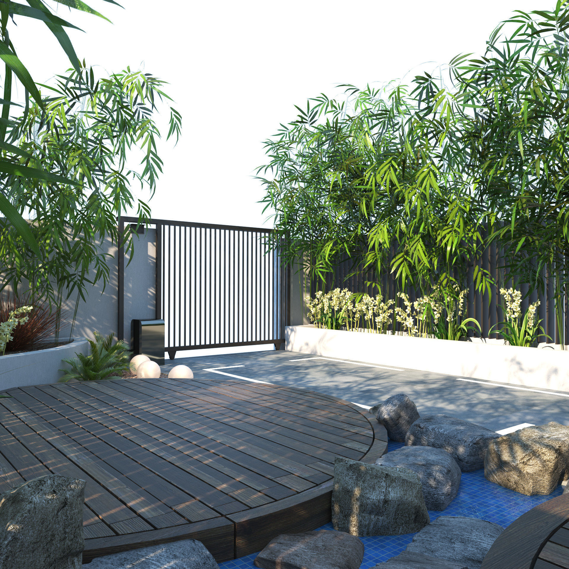 House Front garden with pool and parking area Low-poly 3D model_5