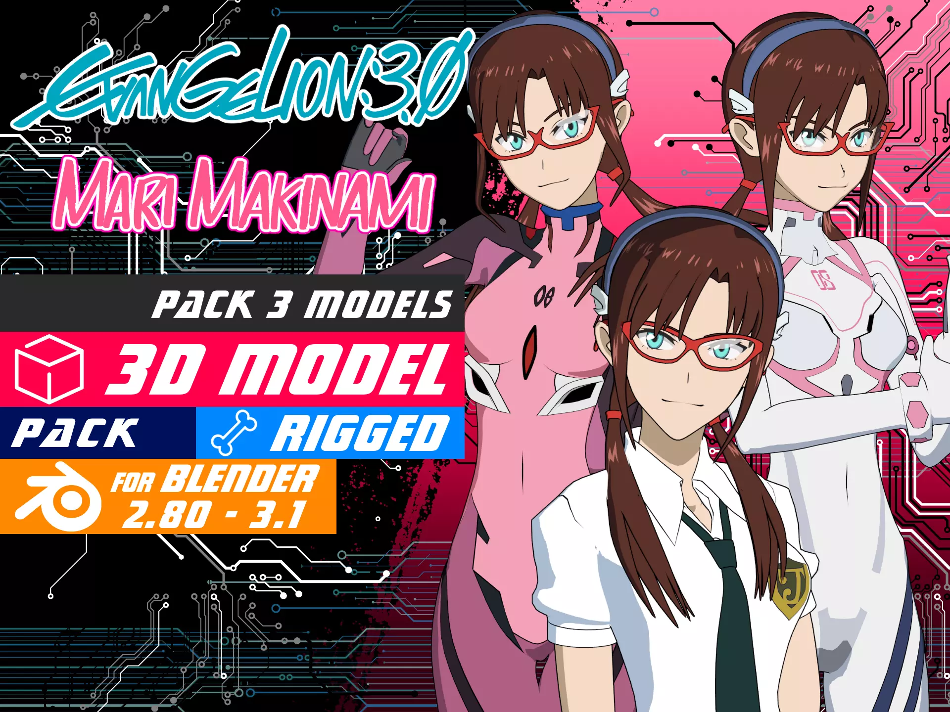 Pack Mari Makinami - Evangelion - 3D Model blender Low-poly 3D model_0