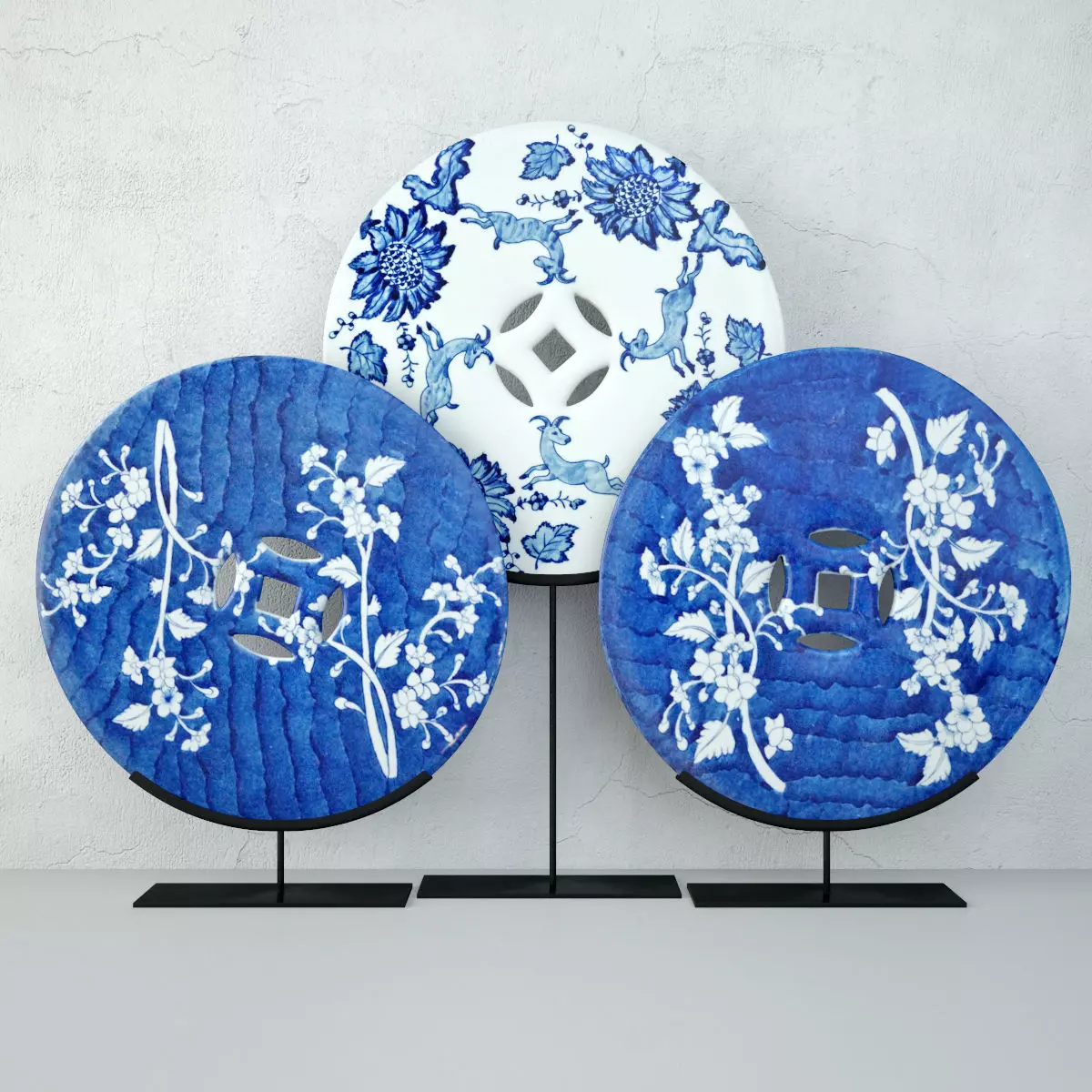 Blue and White Ceramic Disks 3 3D model