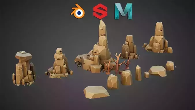 Low Poly Rocks Hills Trees