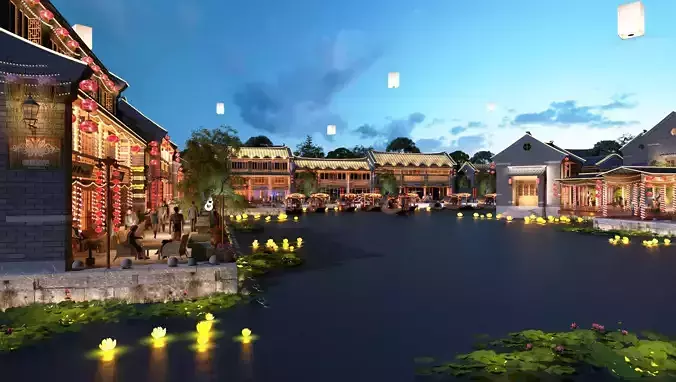 town Chinese style commercial residential buildings 3D model