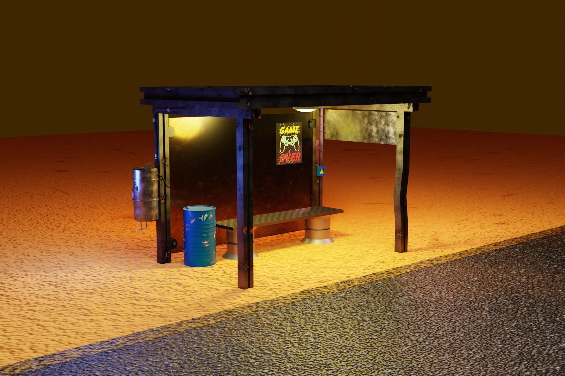 Cyberpunk bus stop concept project save water Low-poly 3D model_1