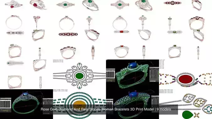 Rose Gold Diamond And Real Stones Woman Bracelets 3D Print Model