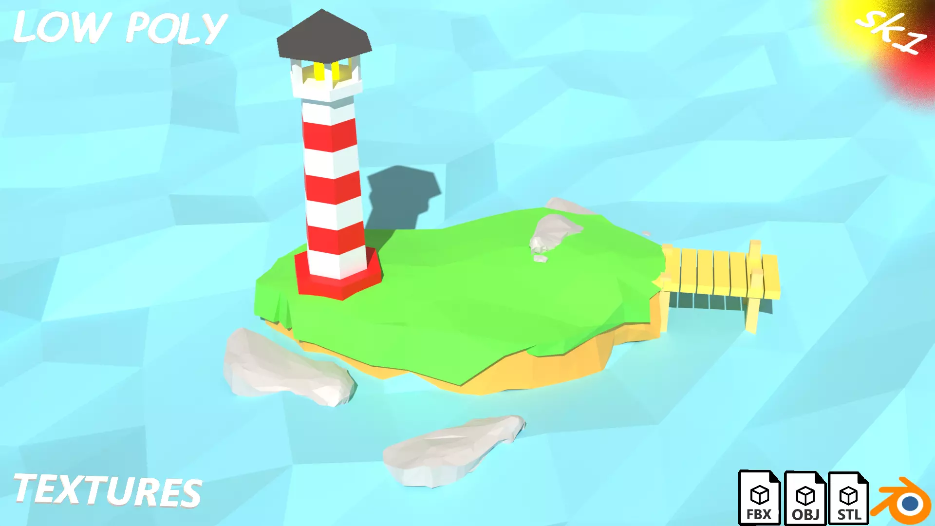 Quay with lighthouse Low-poly 3D model