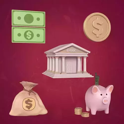 Cartoon Business Icons -- Dollar Money Bag Piggy Bank Bill Coin