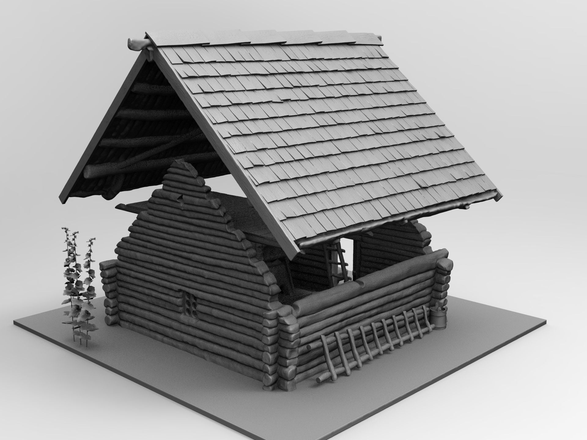 Medieval wooden house scene 3D print model_7
