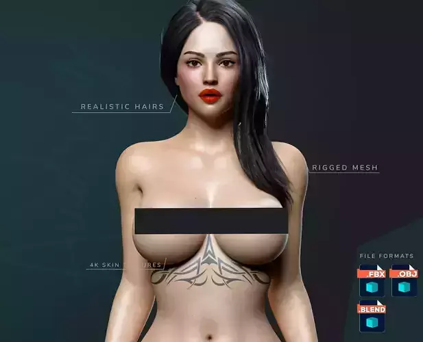 Beautiful Woman Realistic Character - Elisa Nude with Tattoos Low-poly 3D model