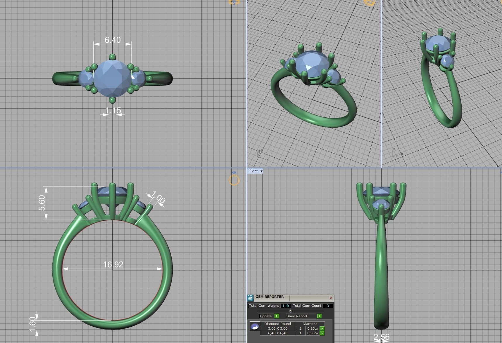 3 Stone Mia Engagement Ring 1ct main and 3mm side stones 3D print model_13