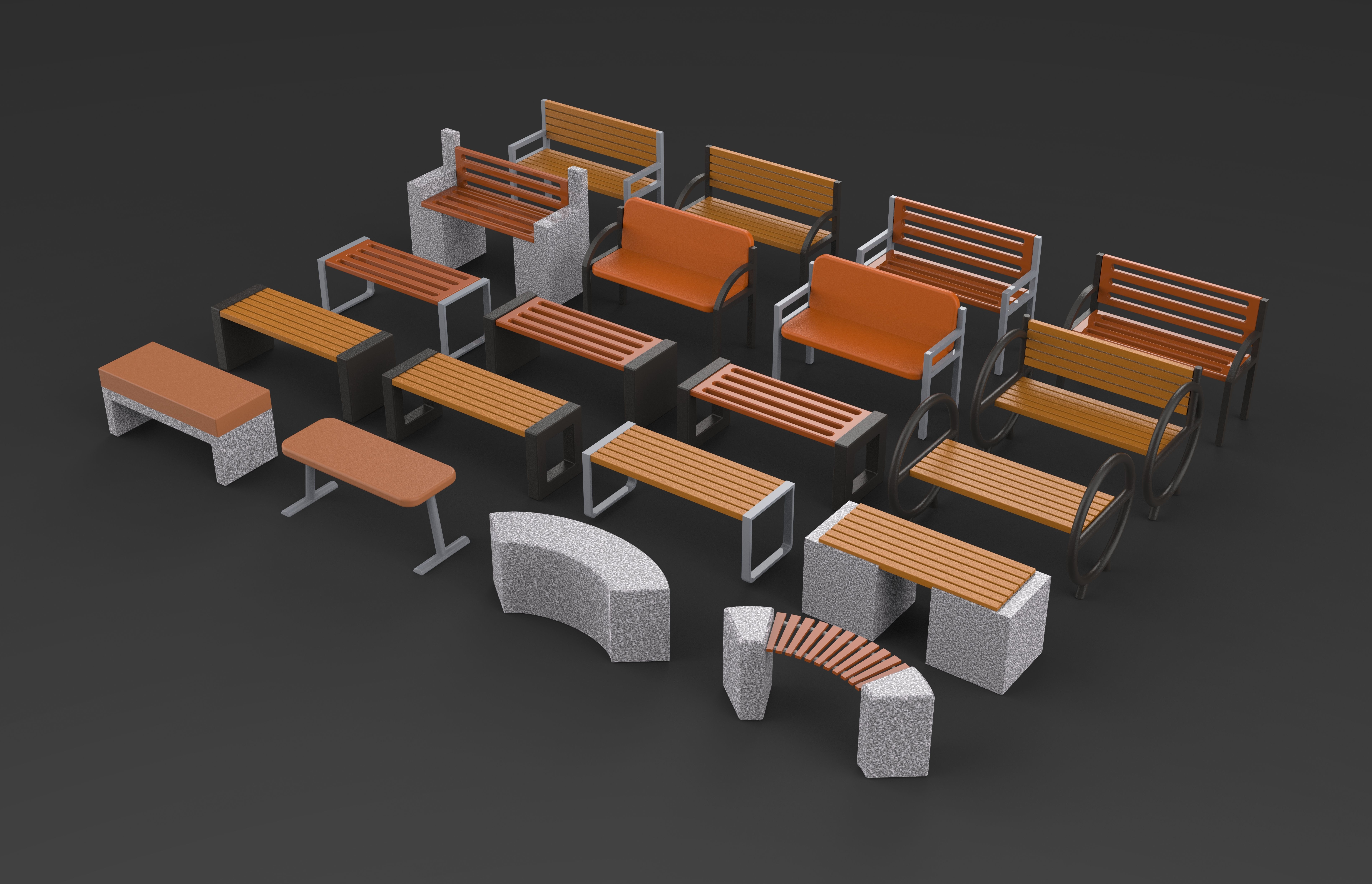 Bench and desk collection 001 Low-poly 3D model_1