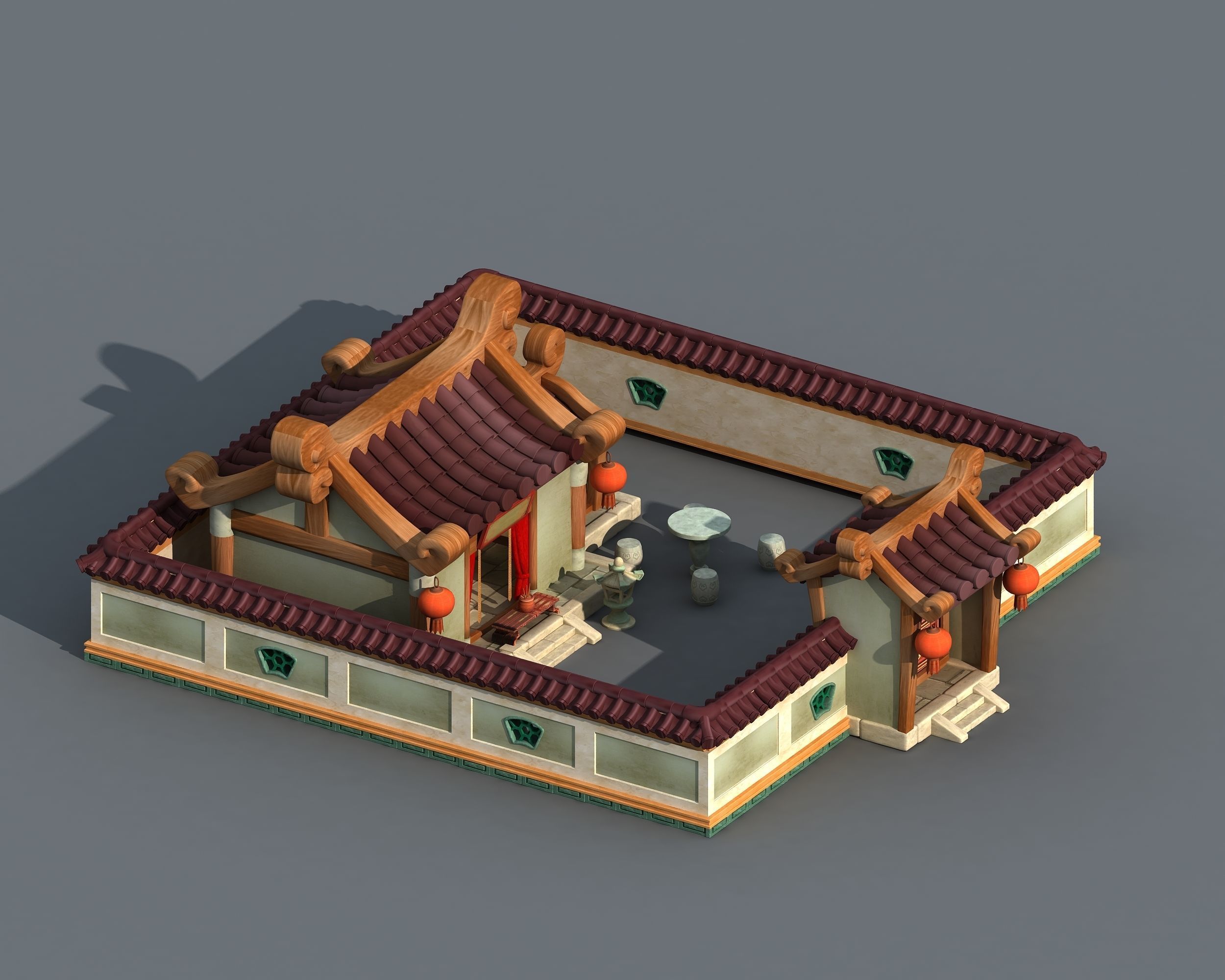 Cartoon architecture  Cartoon Courtyard 3D model_3