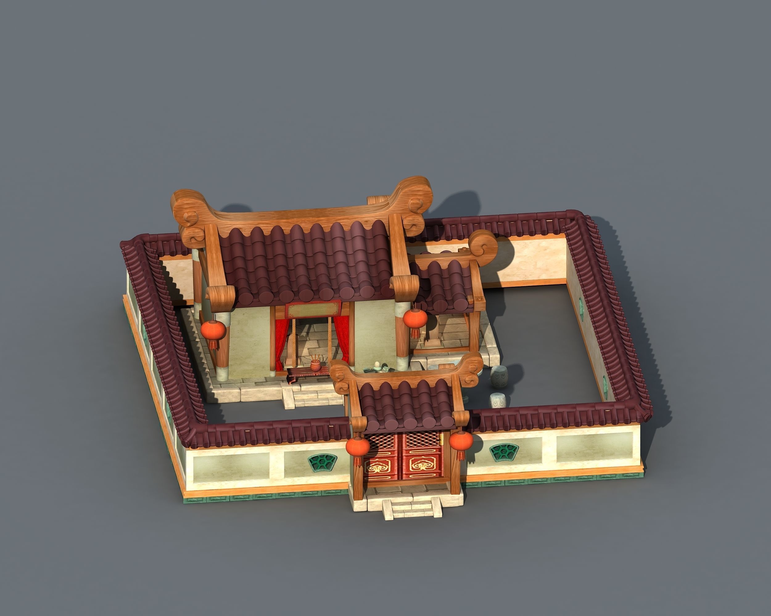 Cartoon architecture  Cartoon Courtyard 3D model_4