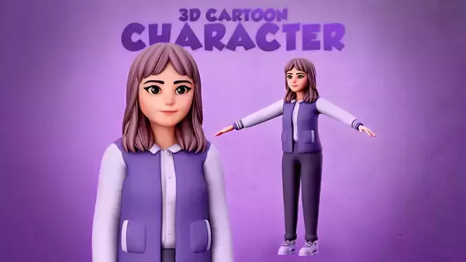 3D Cartoon Character - Cute woman with purple cloths