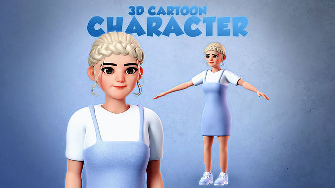 3D Cartoon Character - Cute Female Character with blue cloths 3D model