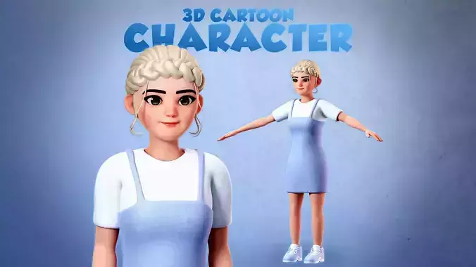 3D Cartoon Character - Cute Female Character with blue cloths