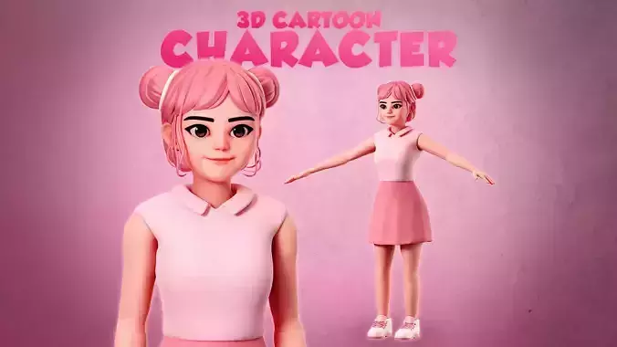 3D Cartoon Character - Cute Female Character with pink cloths