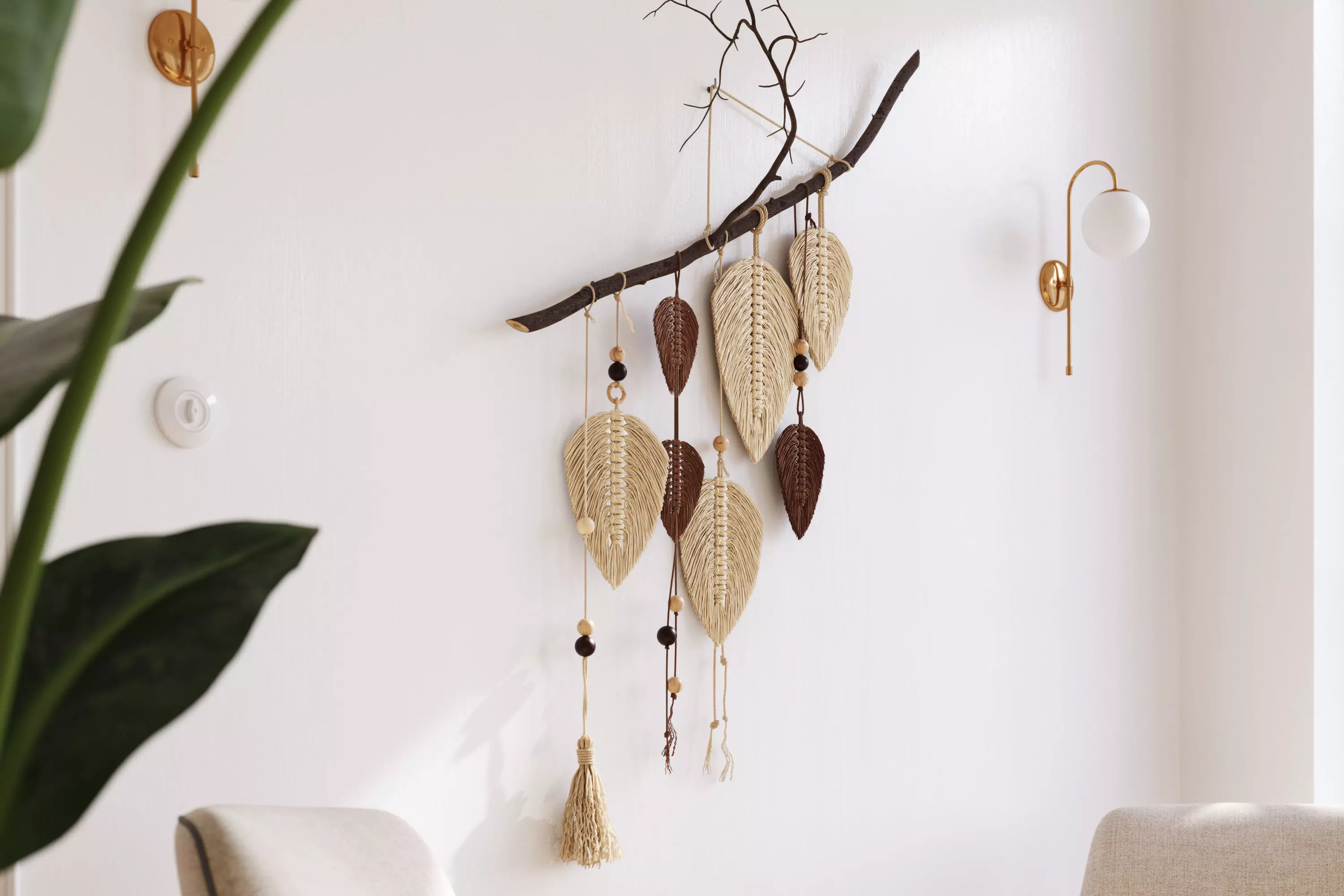 Macrame leaves on branch 3D model_0