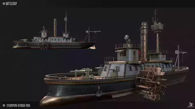 Steampunk Battleship 3D Game Ready Kitbash Textured Low-poly 3D model