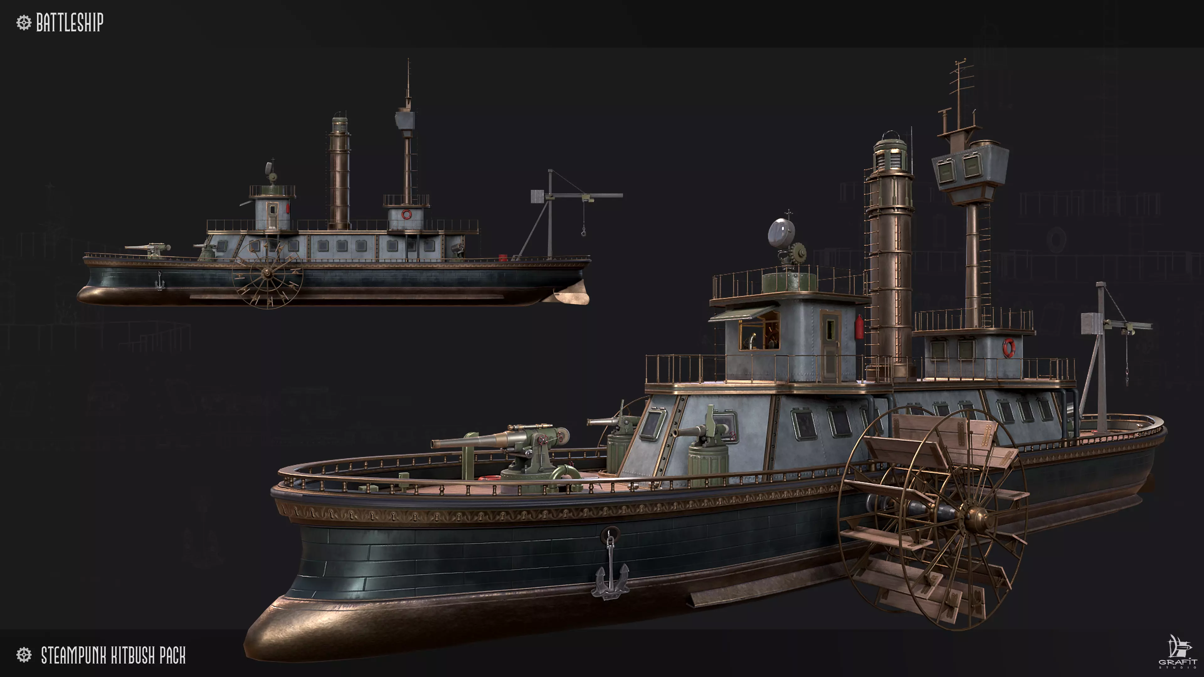 Steampunk Battleship 3D Game Ready Kitbash Textured Low-poly 3D model_0