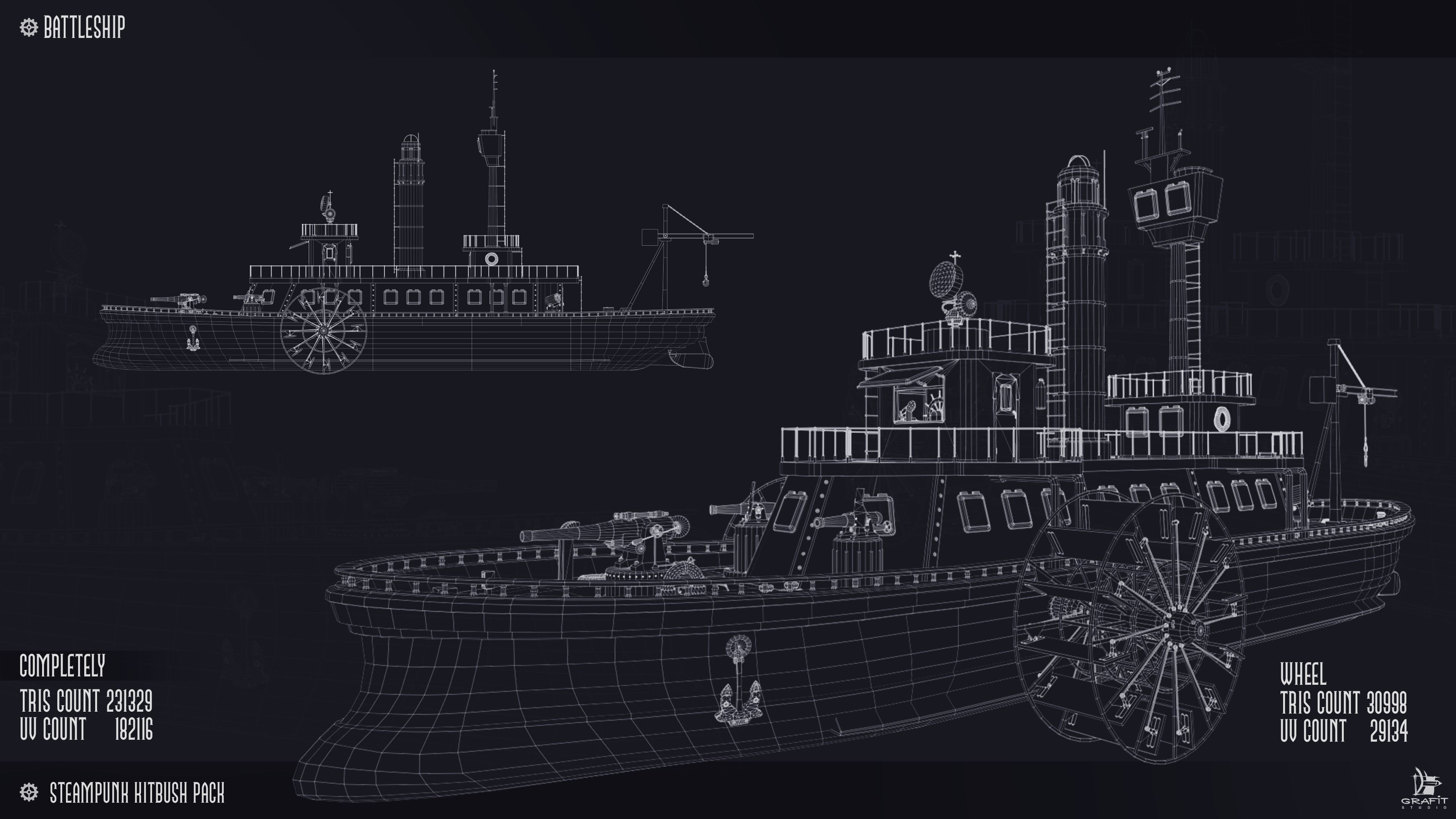 Steampunk Battleship 3D Game Ready Kitbash Textured Low-poly 3D model_4