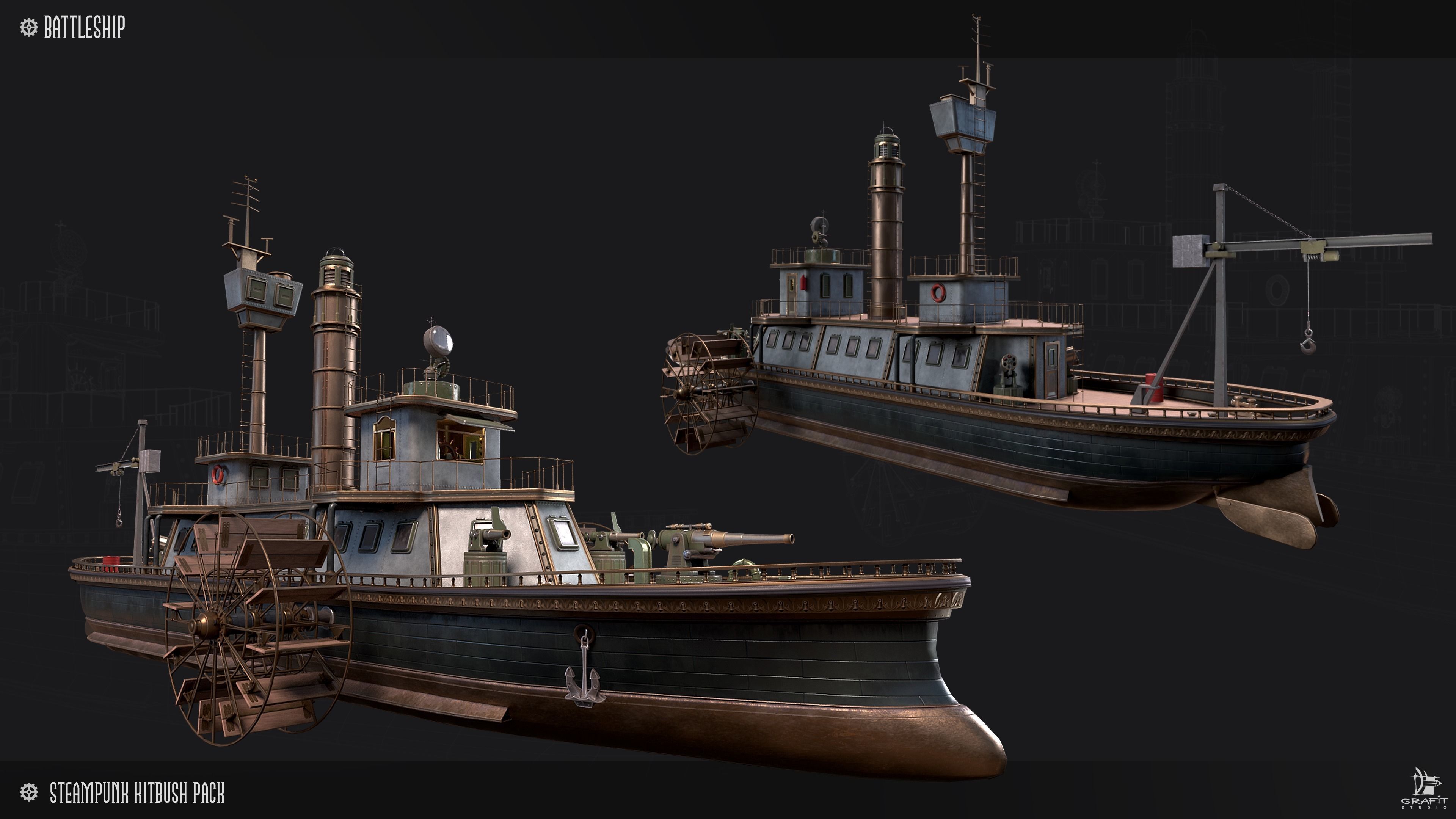 Steampunk Battleship 3D Game Ready Kitbash Textured Low-poly 3D model_2