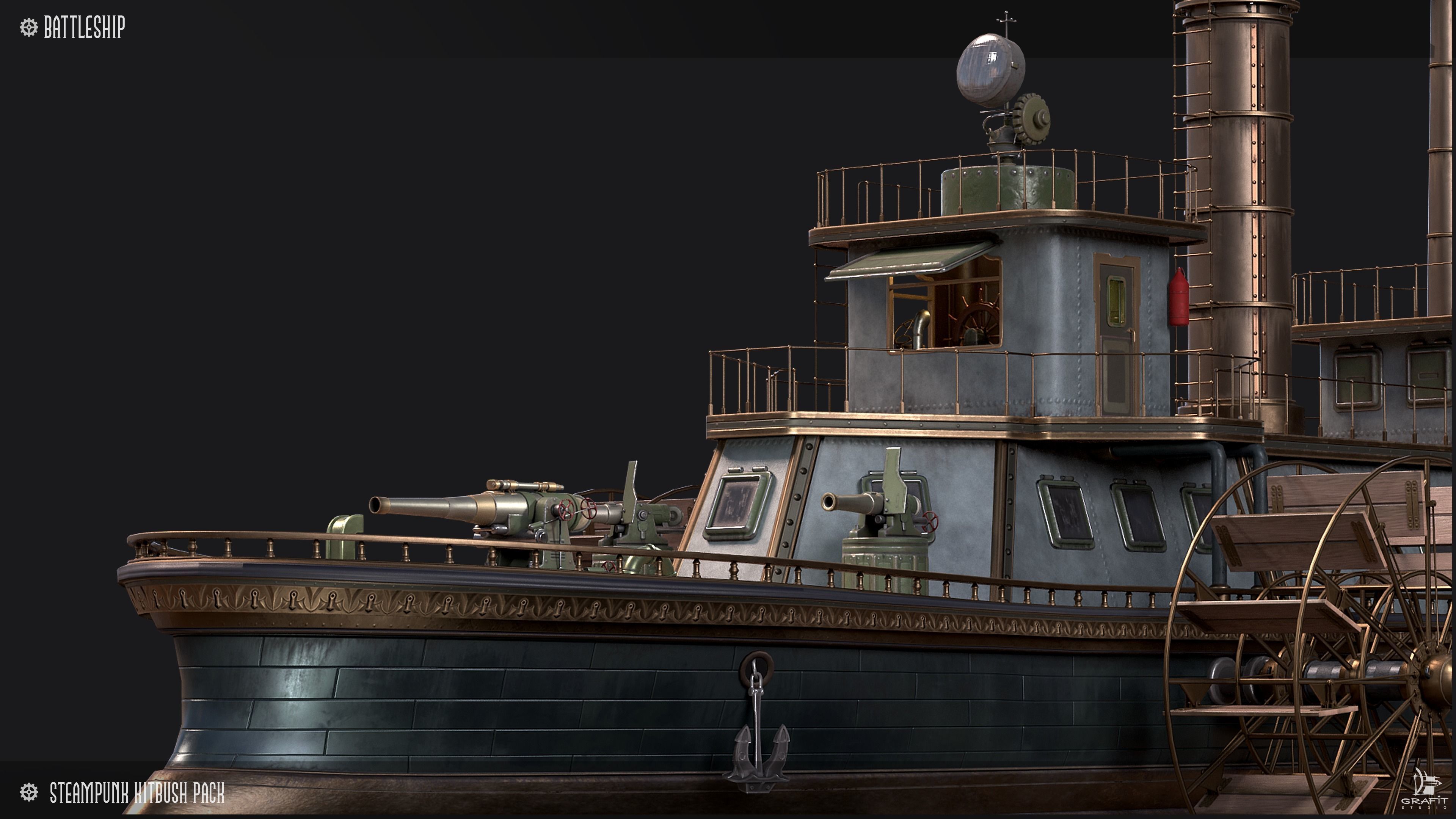 Steampunk Battleship 3D Game Ready Kitbash Textured Low-poly 3D model_1