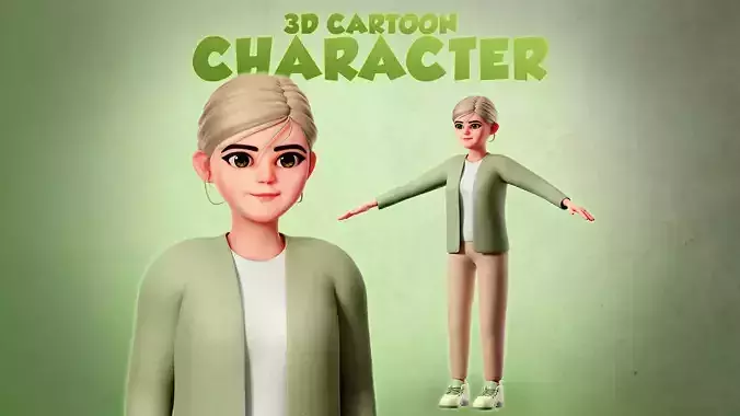 3D Cartoon Character - Cute Female Character with green dressed
