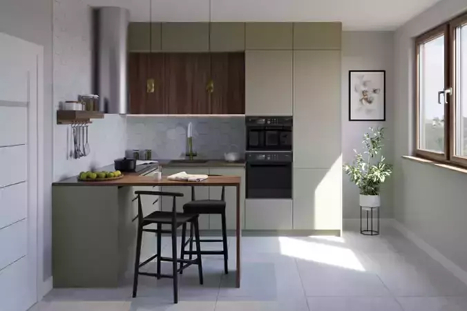 U-Shape modern mini kitchen in green and walnut 3D model