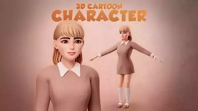 3D Cartoon Character - Cute Female Character with brown cloths