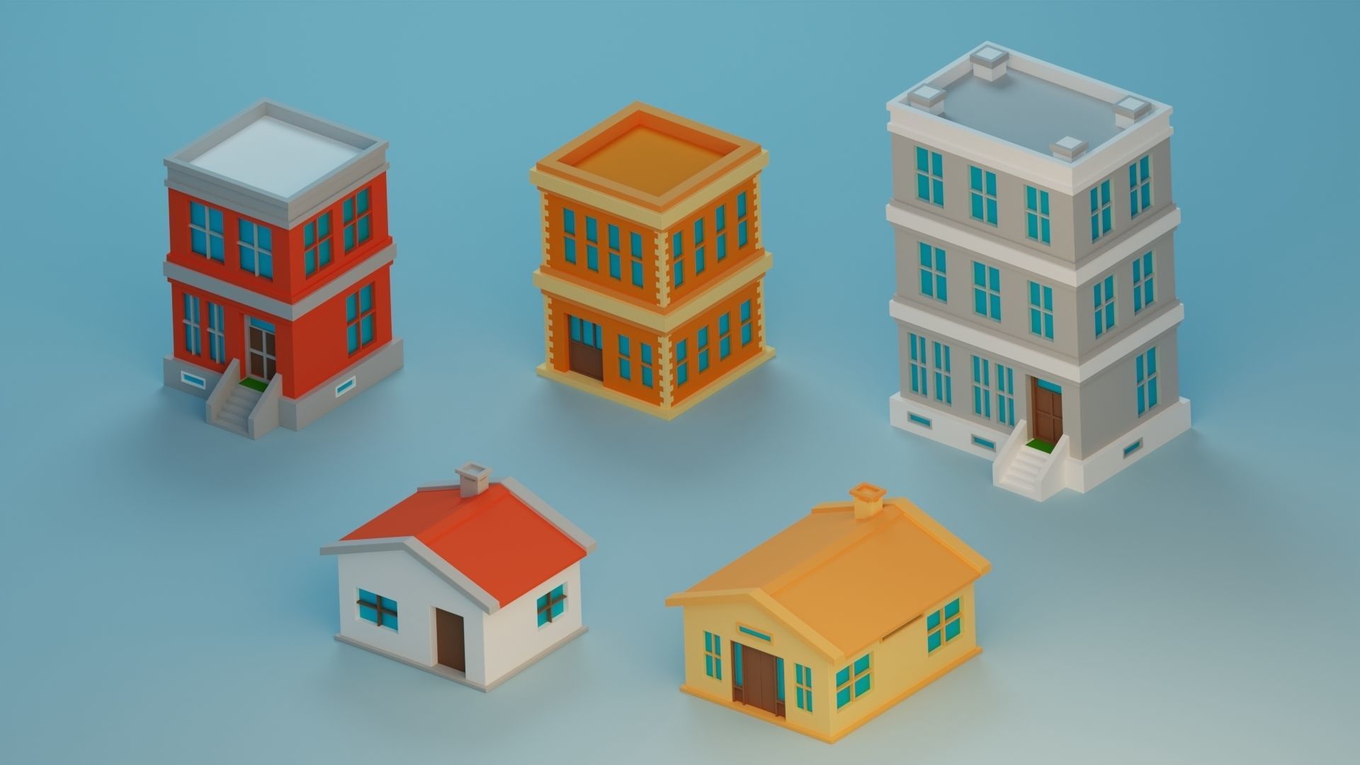 Five Low Poly Houses Low-poly 3D model_1
