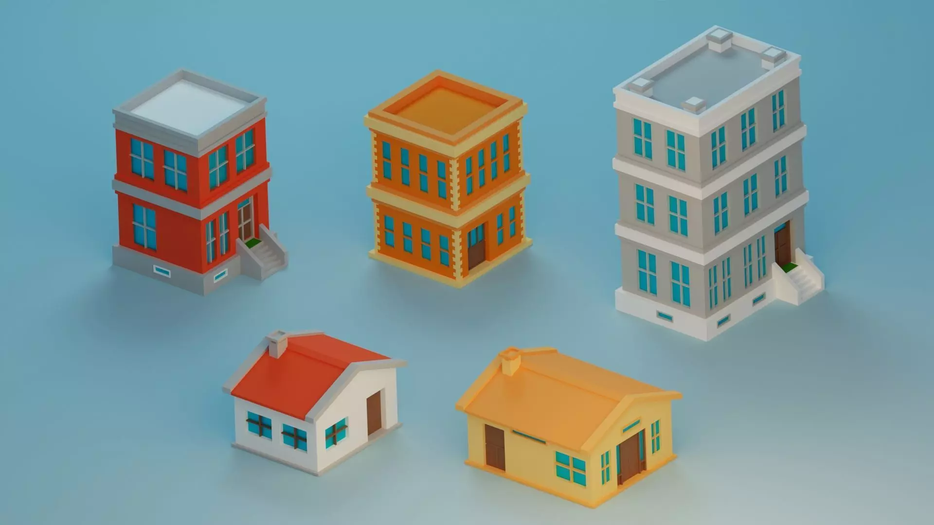 Five Low Poly Houses Low-poly 3D model_0