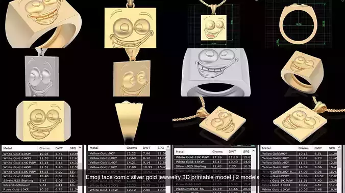 Emoji face comic silver gold jewwelry 3D printable model