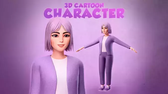 3D Cartoon Character - Cute Woman Character with Purple dressed