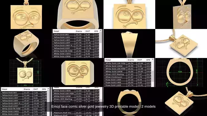 Emoji face comic silver gold jewwelry 3D printable model