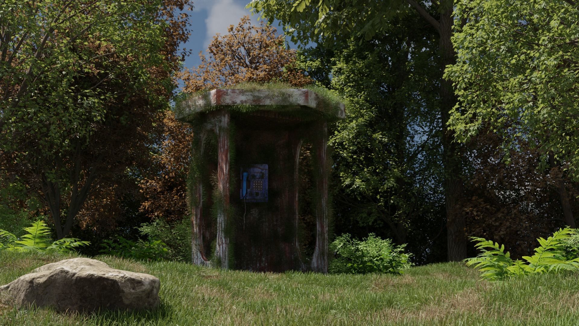 Stylized landscape scene with telephone box 3D model_1