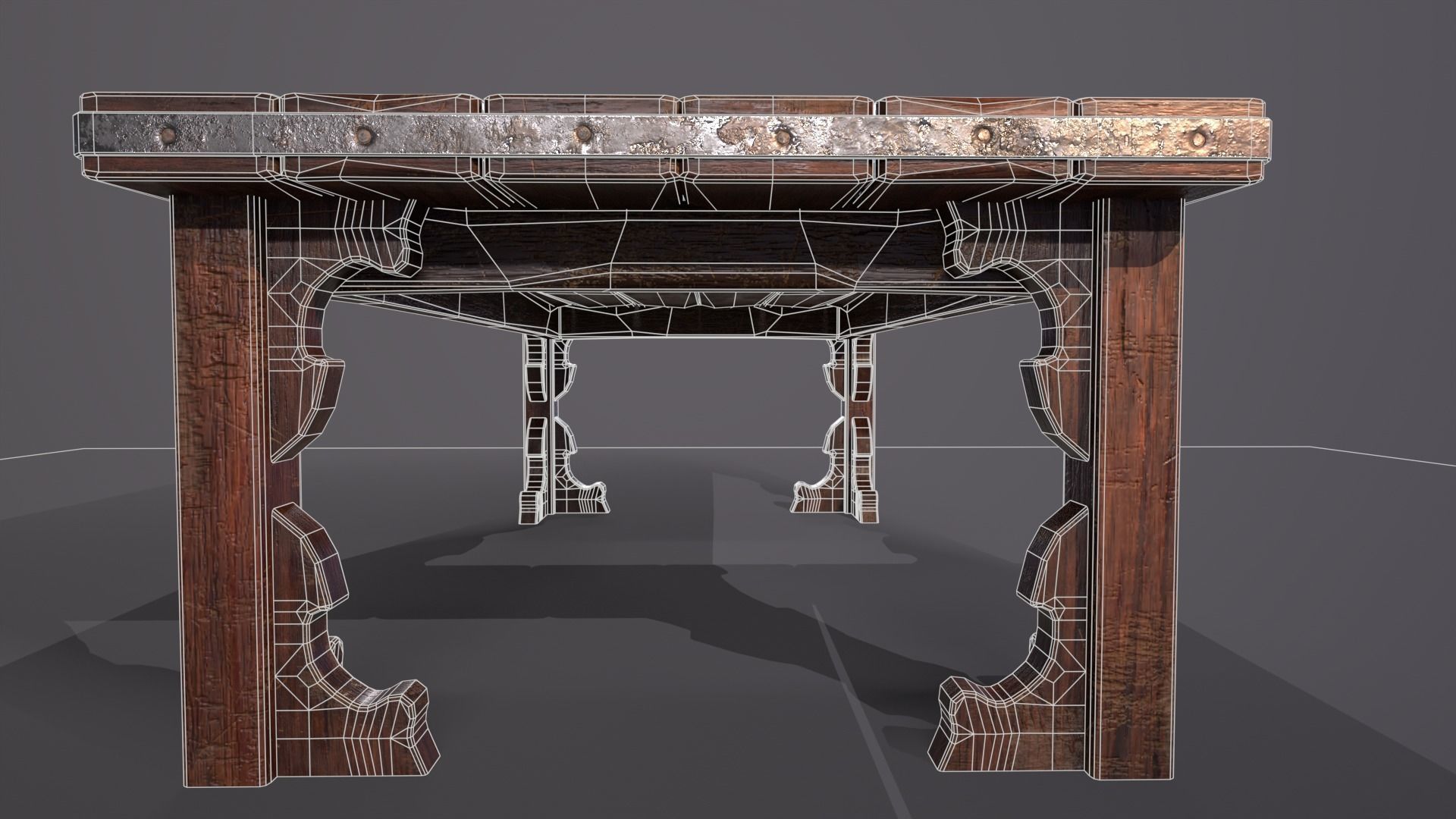 Old medieval Wear and Used Wooden Long Table Low-poly 3D model_21