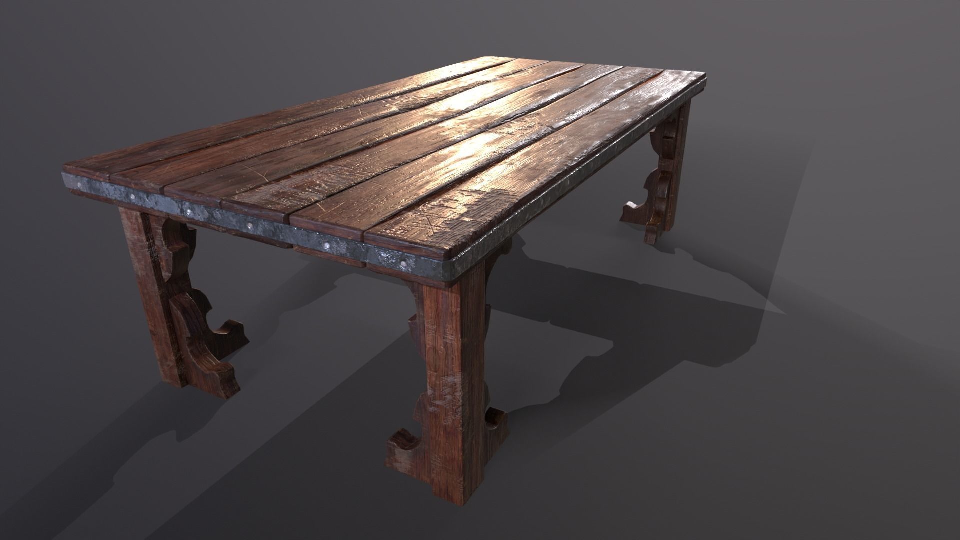 Old medieval Wear and Used Wooden Long Table Low-poly 3D model_14
