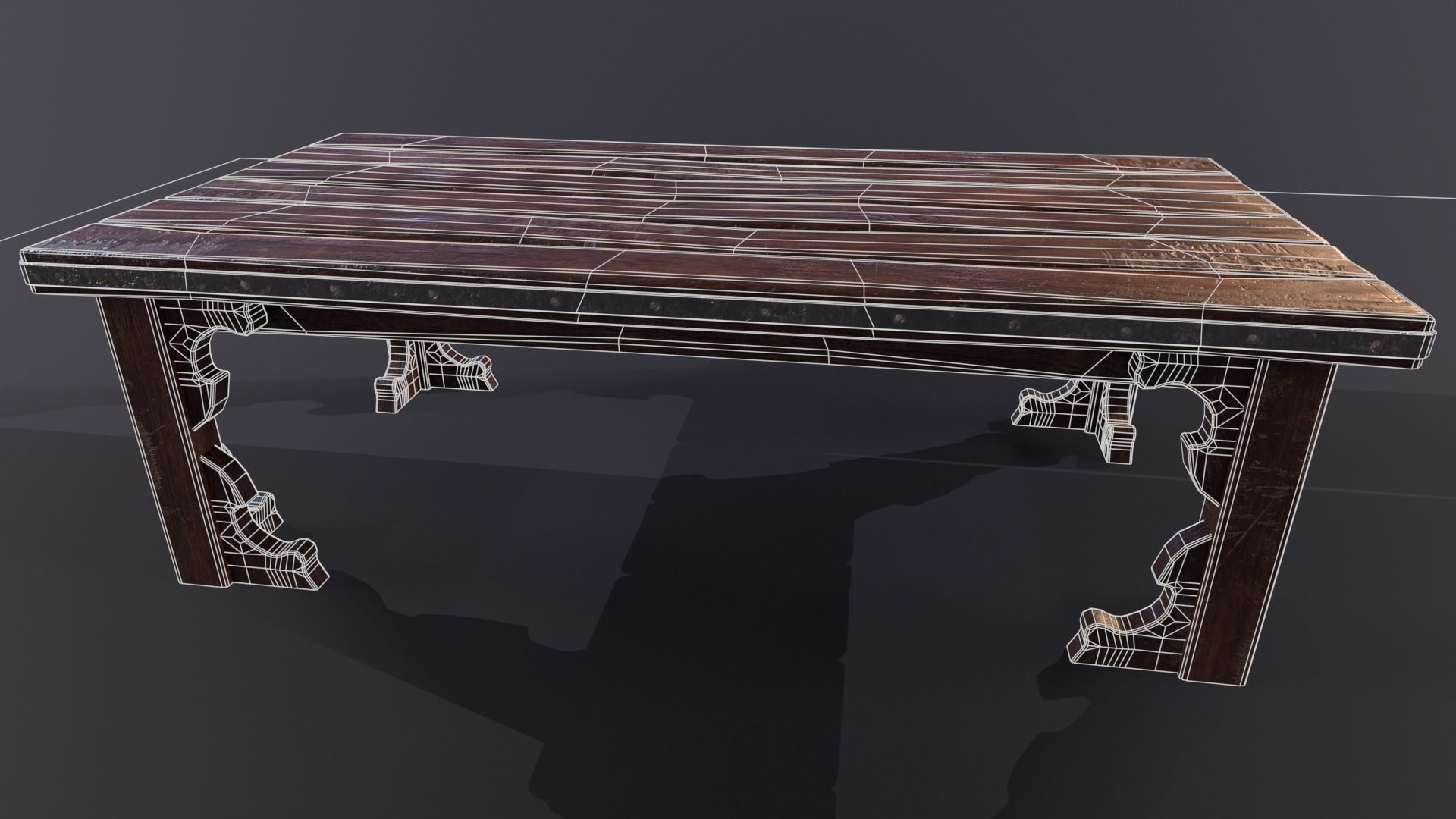 Old medieval Wear and Used Wooden Long Table Low-poly 3D model_19