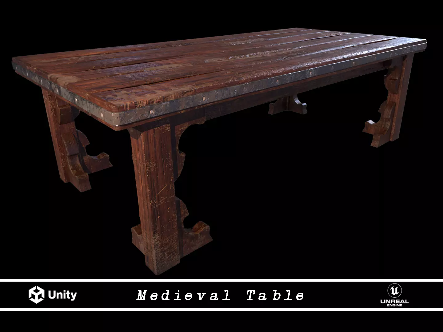 Old medieval Wear and Used Wooden Long Table Low-poly 3D model_0
