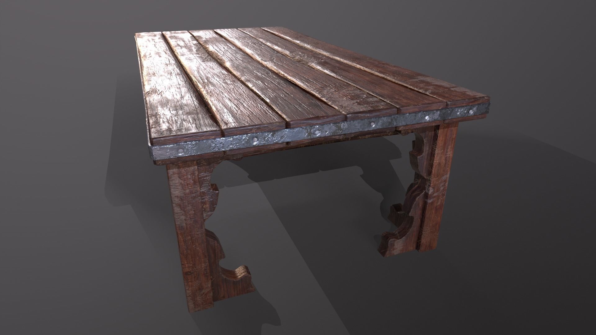 Old medieval Wear and Used Wooden Long Table Low-poly 3D model_10
