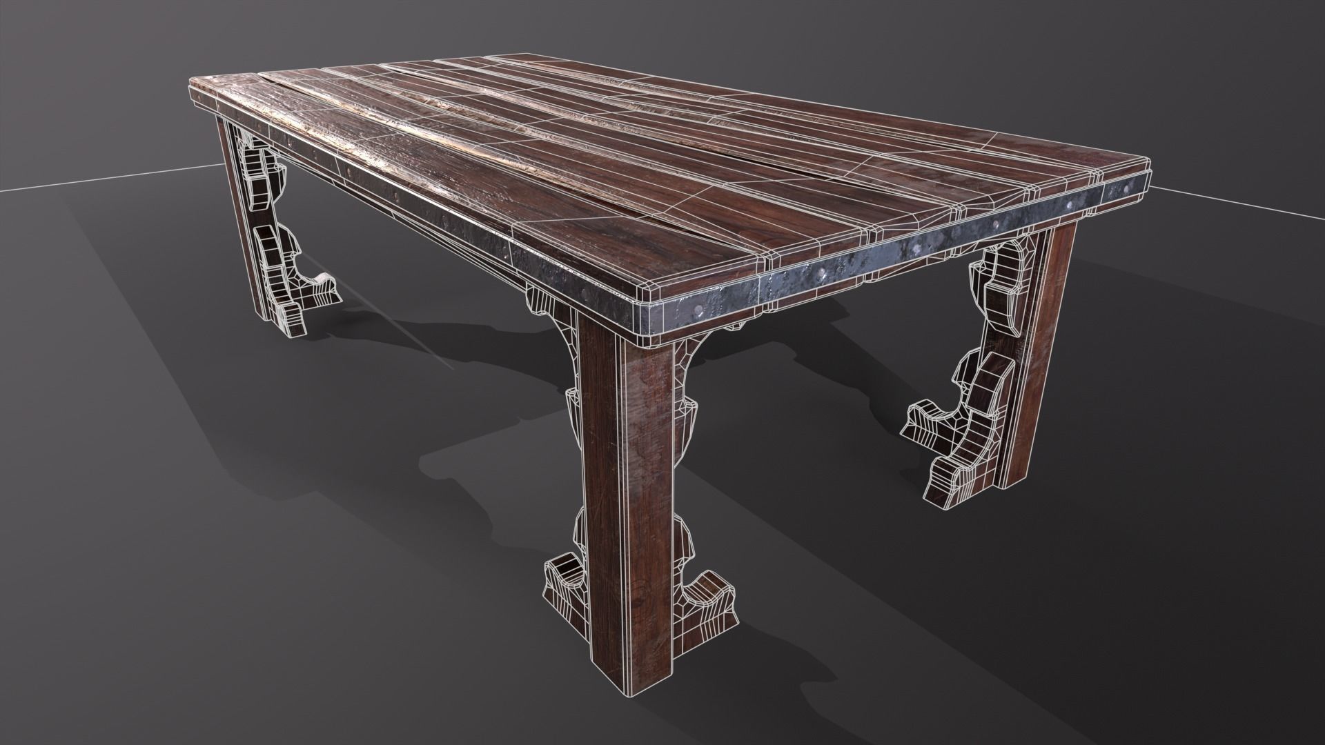 Old medieval Wear and Used Wooden Long Table Low-poly 3D model_9