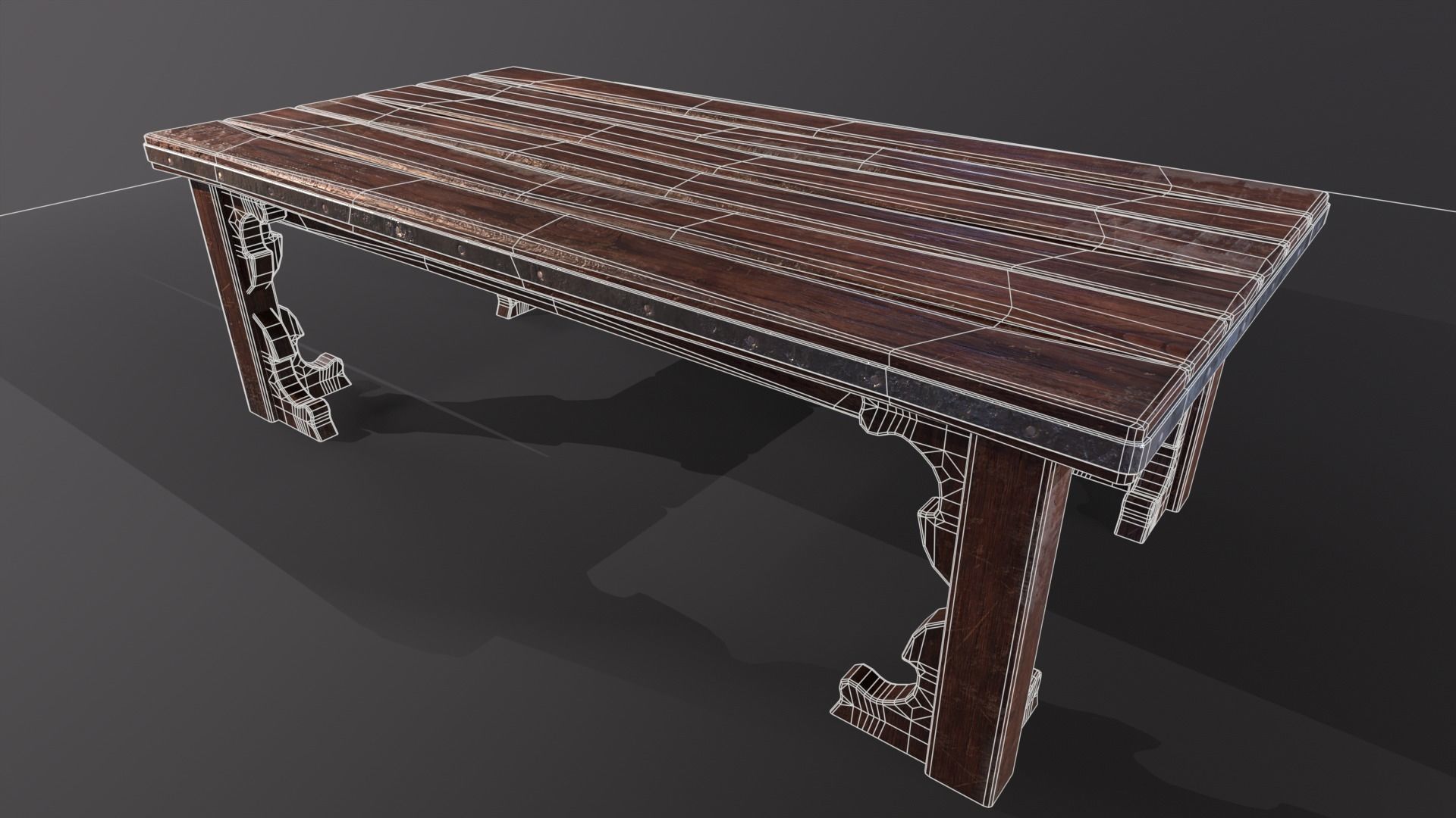 Old medieval Wear and Used Wooden Long Table Low-poly 3D model_7