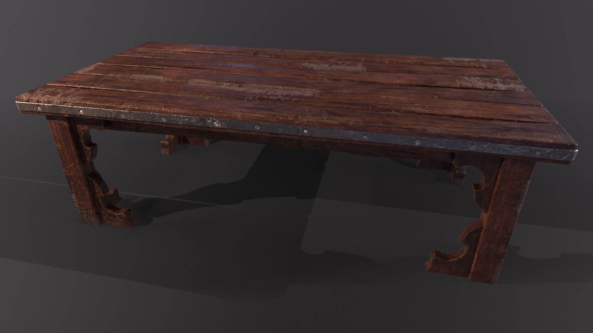 Old medieval Wear and Used Wooden Long Table Low-poly 3D model_4