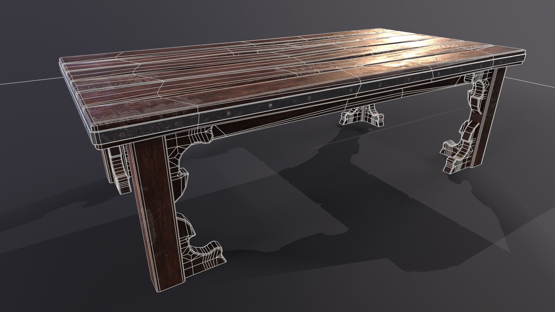Old medieval Wear and Used Wooden Long Table Low-poly 3D model_17