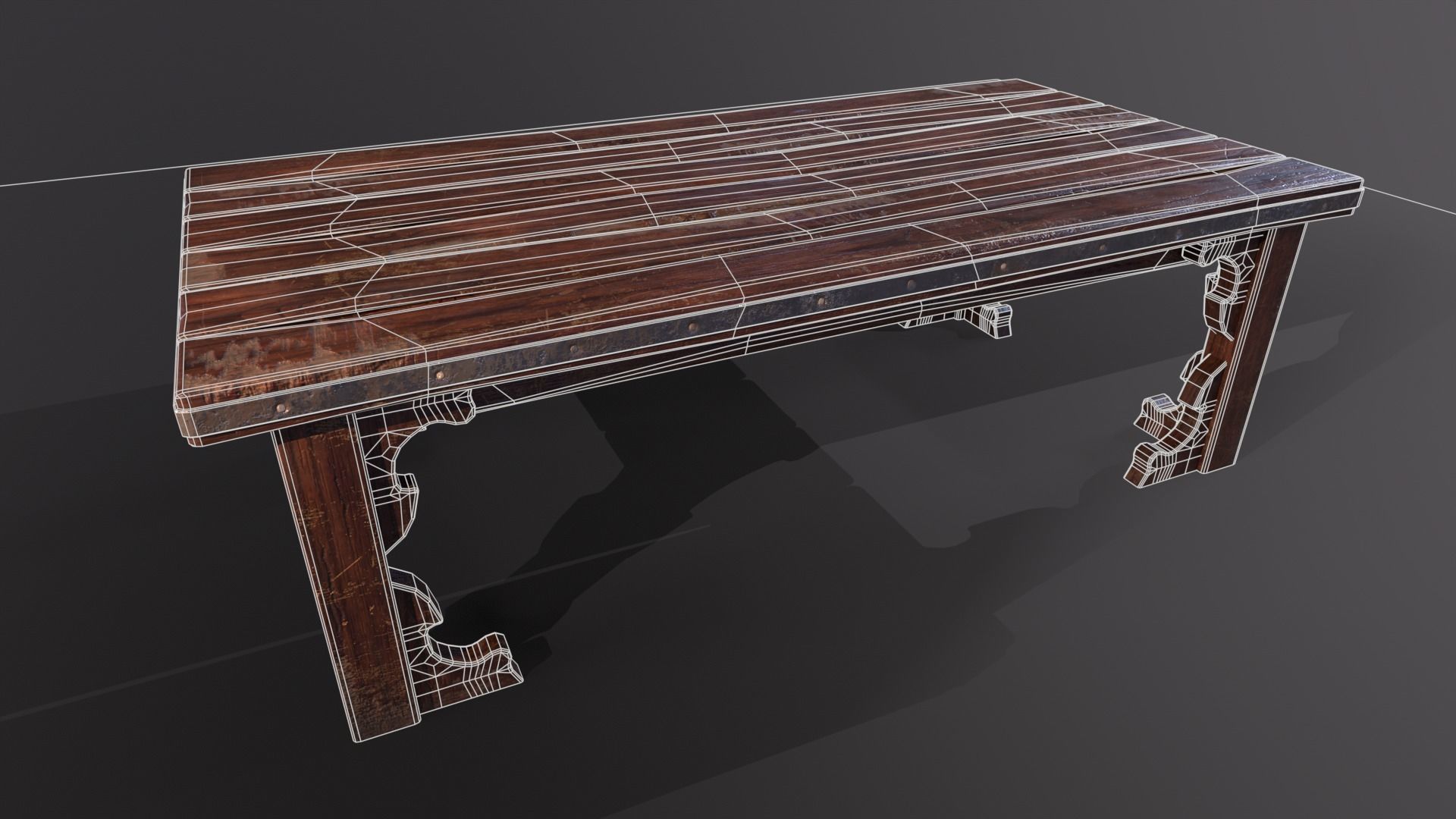 Old medieval Wear and Used Wooden Long Table Low-poly 3D model_3