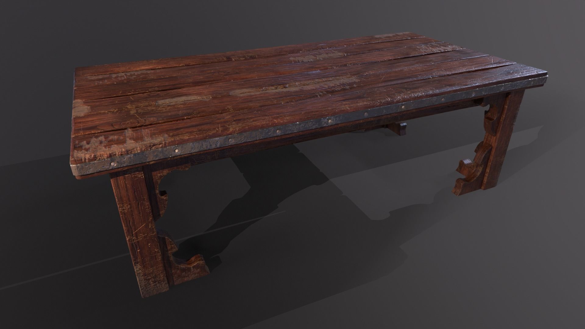Old medieval Wear and Used Wooden Long Table Low-poly 3D model_2