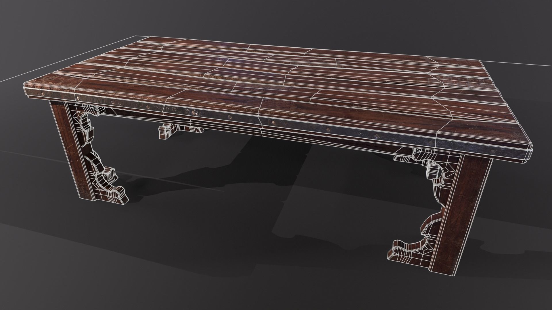 Old medieval Wear and Used Wooden Long Table Low-poly 3D model_5