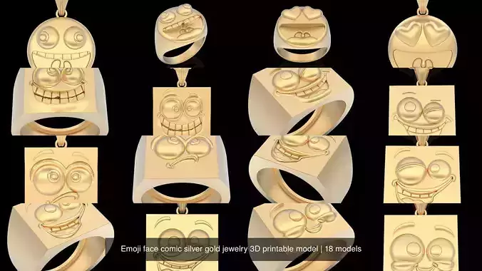 Emoji face comic silver gold jewelry 3D printable model 3D Model Collection